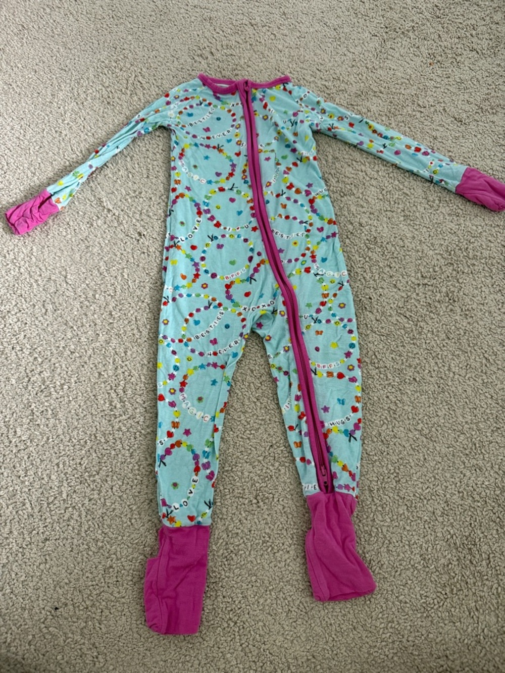 Little Sleepies Aqua Footed One-Piece with Pink Trim and Multicolor Heart Print